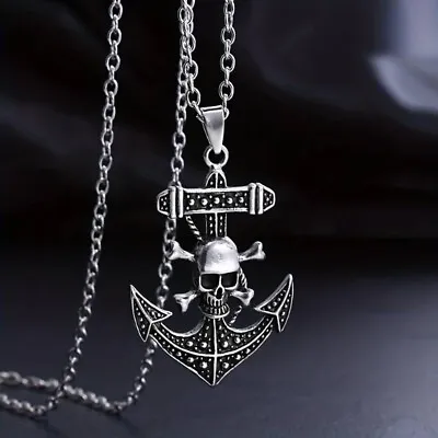 Men's Necklace Pirate King Skull Boat Anchor Pendant Male Hanging Necklace • $8.20