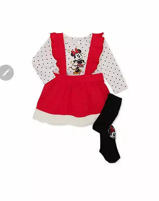 Disney Minnie Mouse Baby Girl Top Pinafore And Tights Dress Outfit Set 3-Piece • $14.99