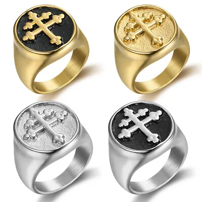 Gold Plated Stainless Steel Ring Magnum PI Cross Of Lorraine Knights Templar • $11.88