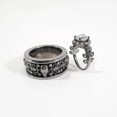 Halo Simulated Diamond Skull Wedding Ring Set His Her Fleur De Lis Gun Metal Fn • $509.14