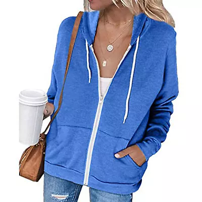 (Color Blue M)Women Casual Long Sleeve Zip Up Hooded Sweatshirt Hoodies GFL • £10.55