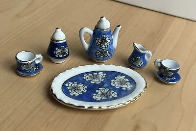 Vintage Porcelain Miniature Tea Set Blue & White With White Flowers & Gold Trim • $25