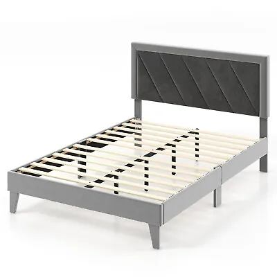 Double Size Bed Frame Velvet Upholstered Platform Bed Slat With High Headboard • £129.95