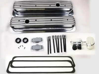 SBC Short Style Finned Aluminum Valve Covers W/Gasket & Breather Vortec TBI 350 • $138.68