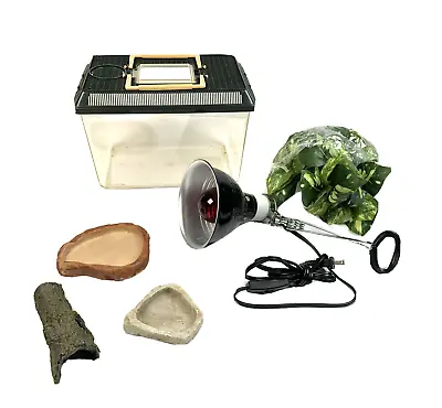 Reptile Small Animal Crate Set Heat Lamp Fake Leafs Resin Rock Pool And Log • $25