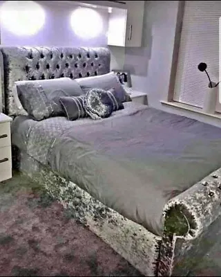 Stylish Sleigh Chesterfield Upholstered Designer Crushed Velvet Bed All Colours • £216.19