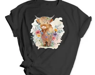 Black Highland Cow Top Ladies Cow T Shirt Watercolour Floral Tee Woman's Cute • £9.99