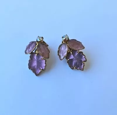 Vintage Signed West Germany Lilac Color AB Rhinestone Leaf 1  Clip Earrings • $19.99