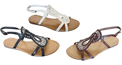 New  Women's Sandals T-Strap Rhinestone Gladiator Flat Sandals (8044) • $9.99