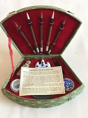 Vintage CHINESE CALLIGRAPHY SET Boxed Brushes Case Ink-Stick Chop UNUSED • $25
