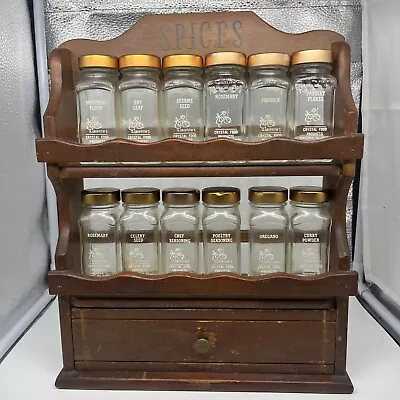Vintage Wood Spice Rack 12 Glass Jars 2 Shelf Crystal Food Product • $39.95