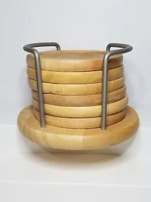 VTG Coaster Set Solid Wood & Cork Metal Caddy Carrier Retro Holder 7pc  **READ** • $6.99