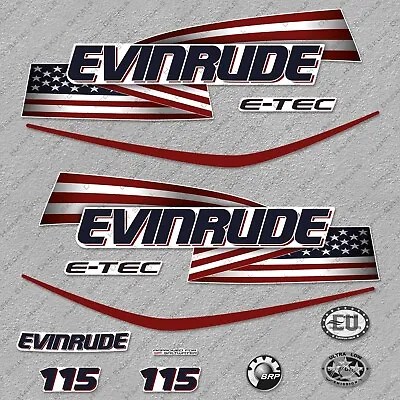 Evinrude 115 Hp ETEC 2007-2017 USA Flag White Cowl Outboard Engine Decals Set • $58.45