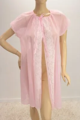 Vintage Lorraine Short Peignoir Robe Pink Double Nylon Chiffon Medium • $32.99