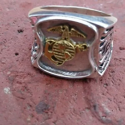 USMC United States Marine Corps Sterling Silver Military Ring W Brass Emblem • $89.99