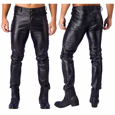 Men's Tight Leather Pants 80s Punk Rock Skinny Motorcycle Gothic Biker Trousers • $22.44