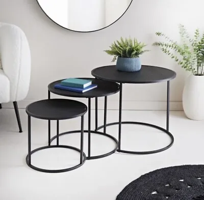 Coffe Table Set Of 3 Round Wooden Top Nest Side Living Room Black Metal Modern • £64.99