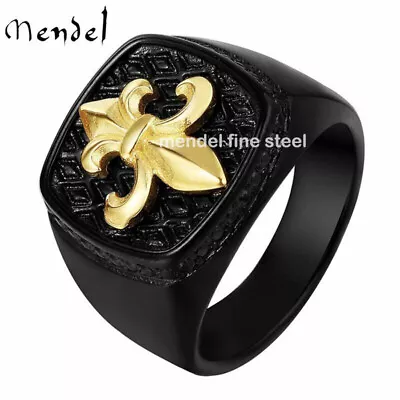 MENDEL Mens Stainless Steel Black Lily Fleur De Lis Ring For Men Size 7 9 10-15 • $15.99