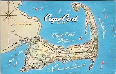 Cape Cod Massachusetts - Map - Cape Cod Is Unique - Vintage Postcard T16 • $3.50