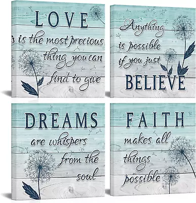 4 Panel Motivational Quote Canvas Wall Art Teal Blue Dandelion Picture Wooden Te • $76.18