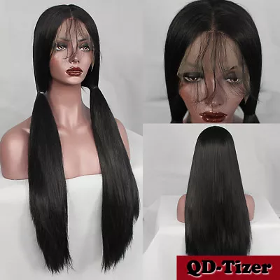 Long Black Heat Resistant Fiber Wig Yaki Straight Hair Synthetic Lace Front Wigs • $25.20