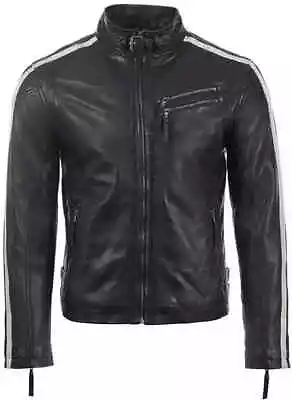 Black Leather Jacket Men's Stand Collar Classic Real Genuine Lambskin Moto Biker • $149