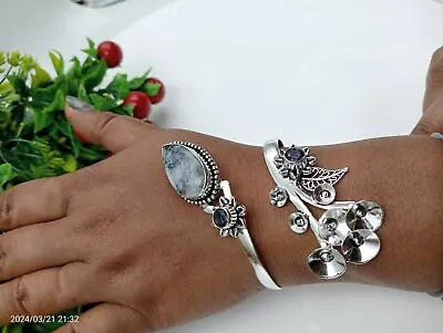 Moonstone &Topaz Gemstone 925 Sterling Silver Jewelry Cuff Bracelet • $25.50