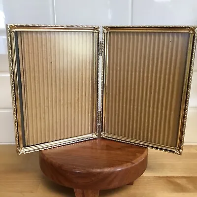 Vintage Gold Tone Metal Double Picture Frame 5x7 Photo Frame Hinged Tabletop • $15.95