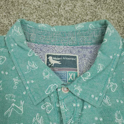 Modern Amusement Button Shirt Men XL XLarge Green Casual Camping Allover Print • $14.88
