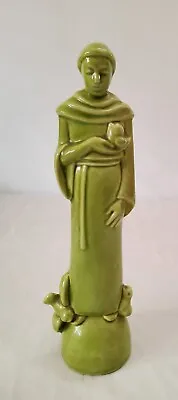 Ceramic Monk Statue Green Rare Hand Made Religious Man In Robe Holding Birds 10  • $29.99