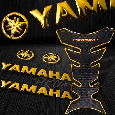 Chrome Gold Pro Fuel Tank Pad+8  3D Yamaha Logo+Letter Fairing Emblem Sticker • $28.98