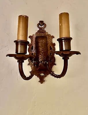 Vintage Antique Arts & Crafts Mission Brass Cast Iron Wall Mount Light Sconce • $45