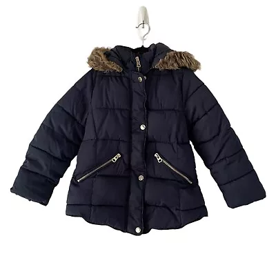 Zara Kids Navy Blue Puffer Jacket 6 Girls Faux Fur Hood • $15