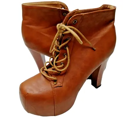 Brown Wooden Heel Lace Up Boots UK Size 6 Euro 39 Platform Sole Chisel Toe Shoes • £13