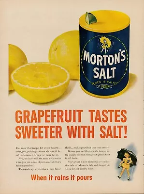 1945 Spices Morton Salt Umbrella 40s Vintage Print Ad Rains Pours Grapefruit • $9.93