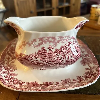 Vintage Myott Country Life Hand  English Scenes  Ironstone Gravy Boat W Plate • $12.95