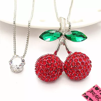 New Fashion Women Red Crystal Cherry CZ Charm Double Pendant Sweater Necklace • $3.95