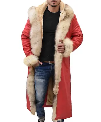 Santa Claus Long Faux Shearling Coat Christmas Real Leather Red Trench Overcoat  • $139