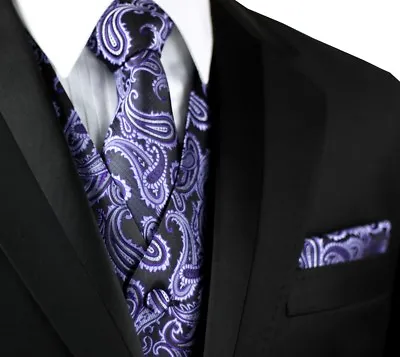 Men's Purple Paisley Formal Tuxedo Vest Tie & Hankie Set. Wedding Formal Prom • $26.89