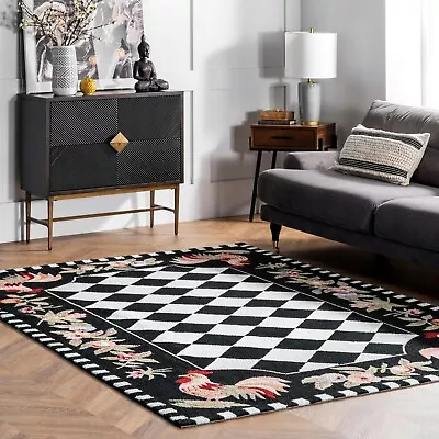 NuLOOM Hand Made Country And Floral Rooster Area Rug In Black White • $88.76