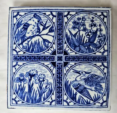 Charming Minton Bird Design Antique 6 Inch Tile Aesthetic Blue & White Birds • £40