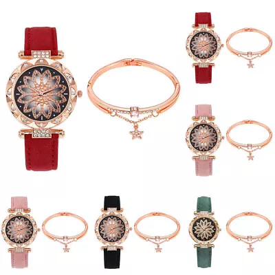 Watch And Bracelet Ladies Women Girls Fashion Leather Strap Wristwatch Gift Set • $11.20