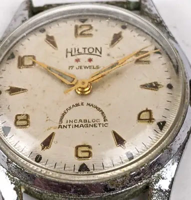 Vintage Swiss Hilton Watch Co 2 Stars Mechanical Watch 17 Jewels 32mm Mens WORKS • $39.95