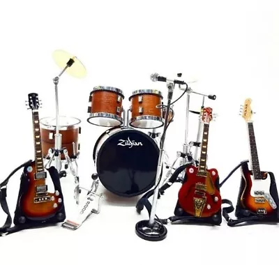 Miniature Drum Set Brown + 3 Guitars Strap + Mic Musical Display Scale 1/12 Gift • $45.50