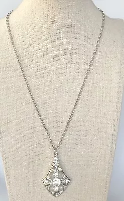 VTG. SARAH COVENTRY Clear Rhinestone Pendant Silver Tone Chain NECKLACE • $15