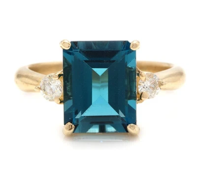 £409.07 • Buy 3.65Ct Natural Emerald Cut London Blue Topaz & Diamond Solitaire Ring 14k Yellow