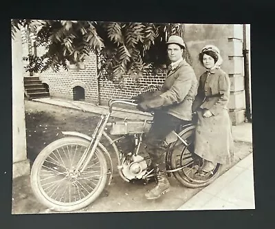 Antique Photo Early 1900s Harley Davidson With Riders Couple 8”x10” • $22.49