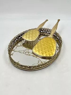 VTG 3 Pc. Gold Finish Vanity Set - Handheld Mirror Brush And Gold Filigree Tray • $28