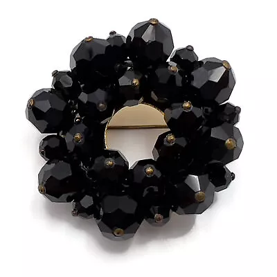 Vintage Black Glass Beaded Gold Tone Metal Round Mourning Fashion Brooch • $19.99