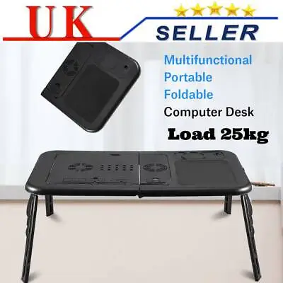 Portable Laptop Desk Lap Table With Cooling Fan Bed Tray Computer Folding Stand • £14.89